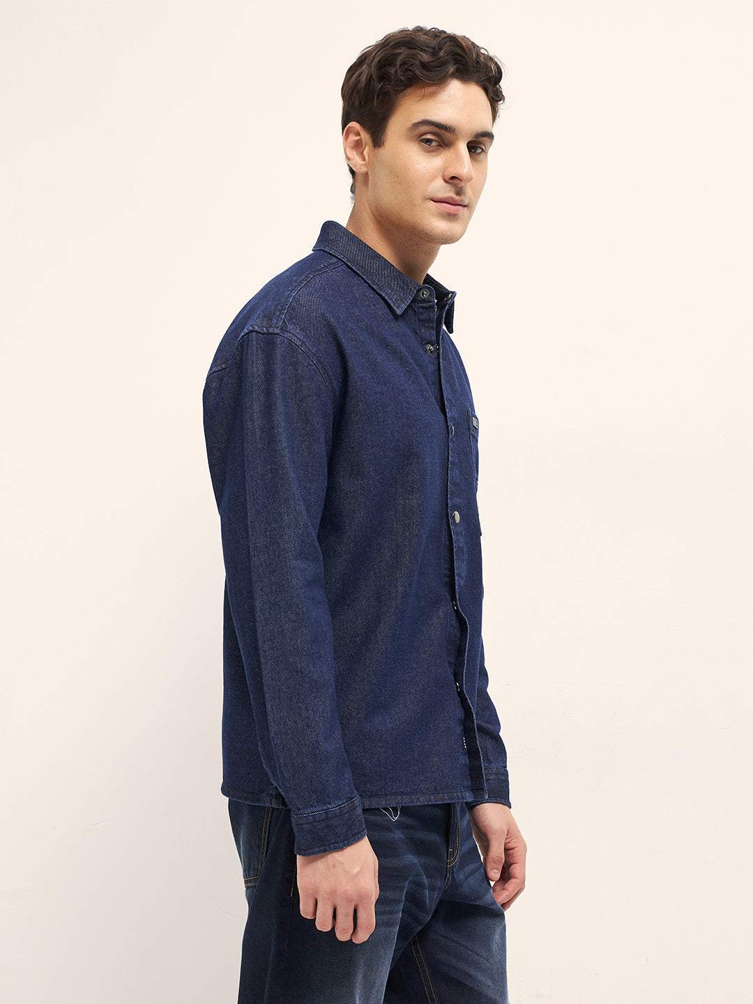 Men Blue Solid Cotton Denim Relaxed Fit Shacket