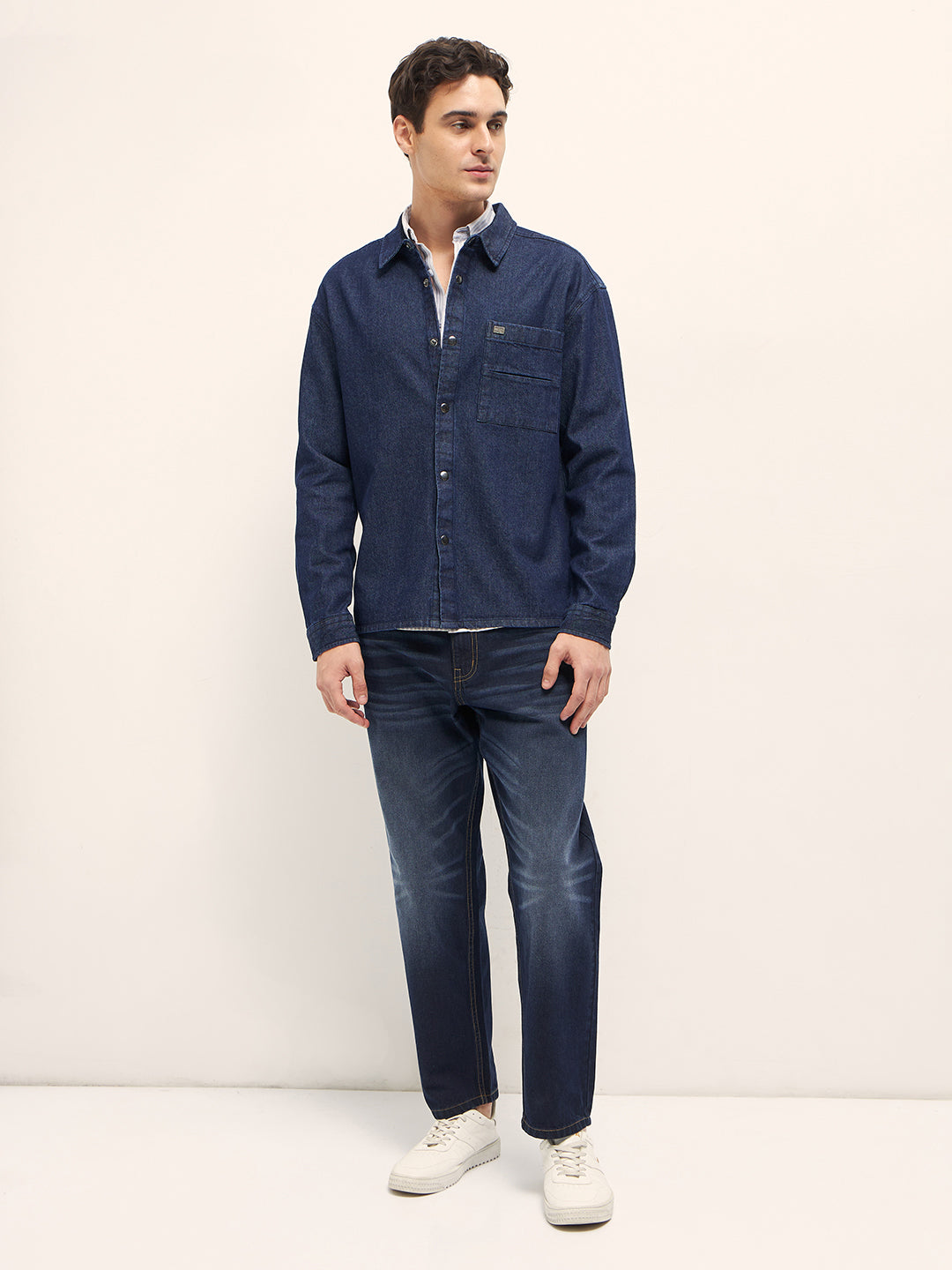 Men Blue Solid Cotton Denim Relaxed Fit Shacket