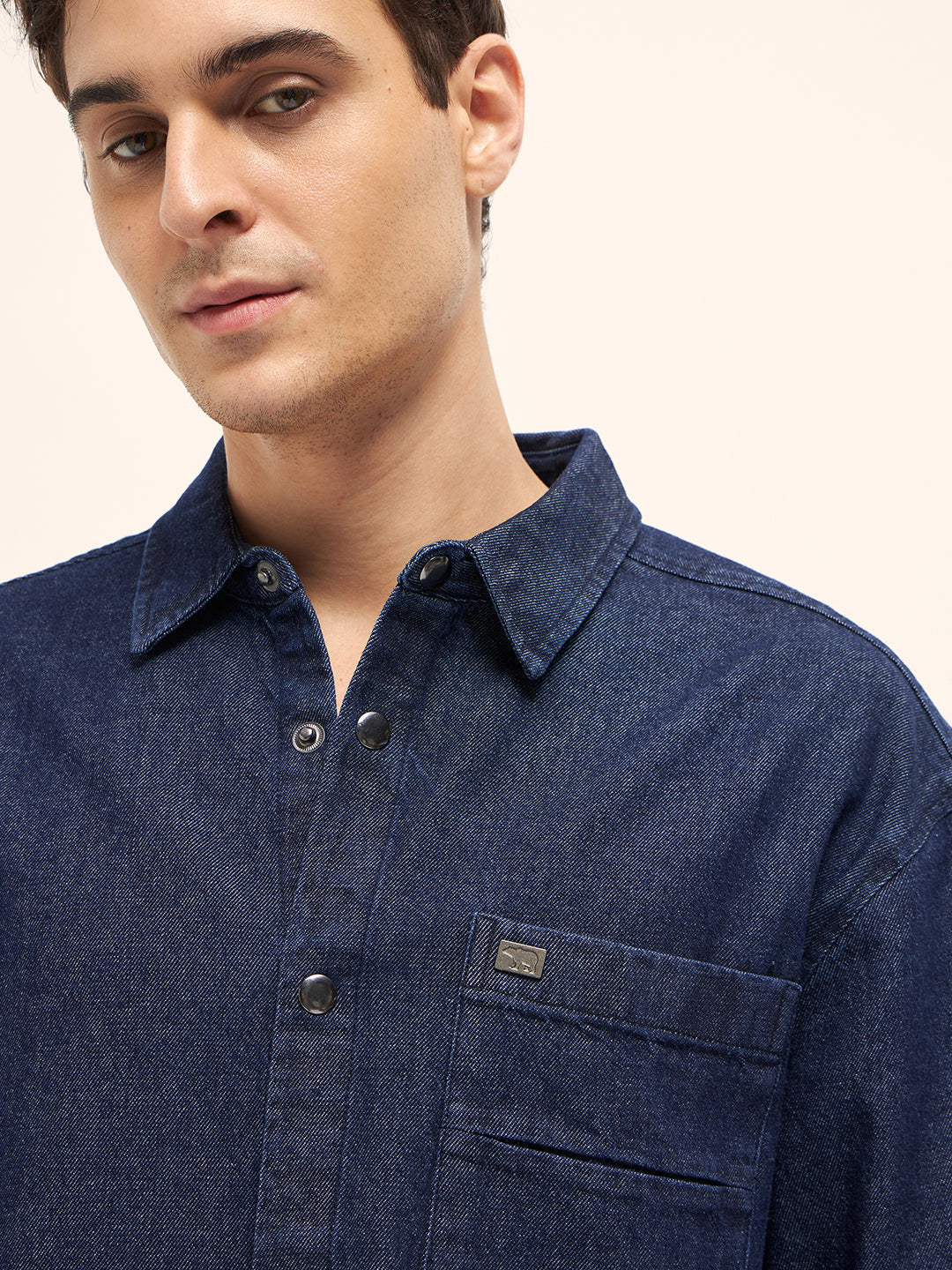 Men Blue Solid Cotton Denim Relaxed Fit Shacket
