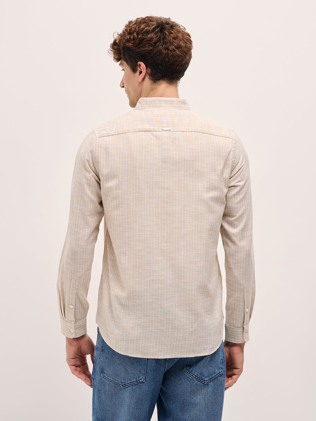 Men Beige Vertical Stripes Slim Fit Casual Shirt