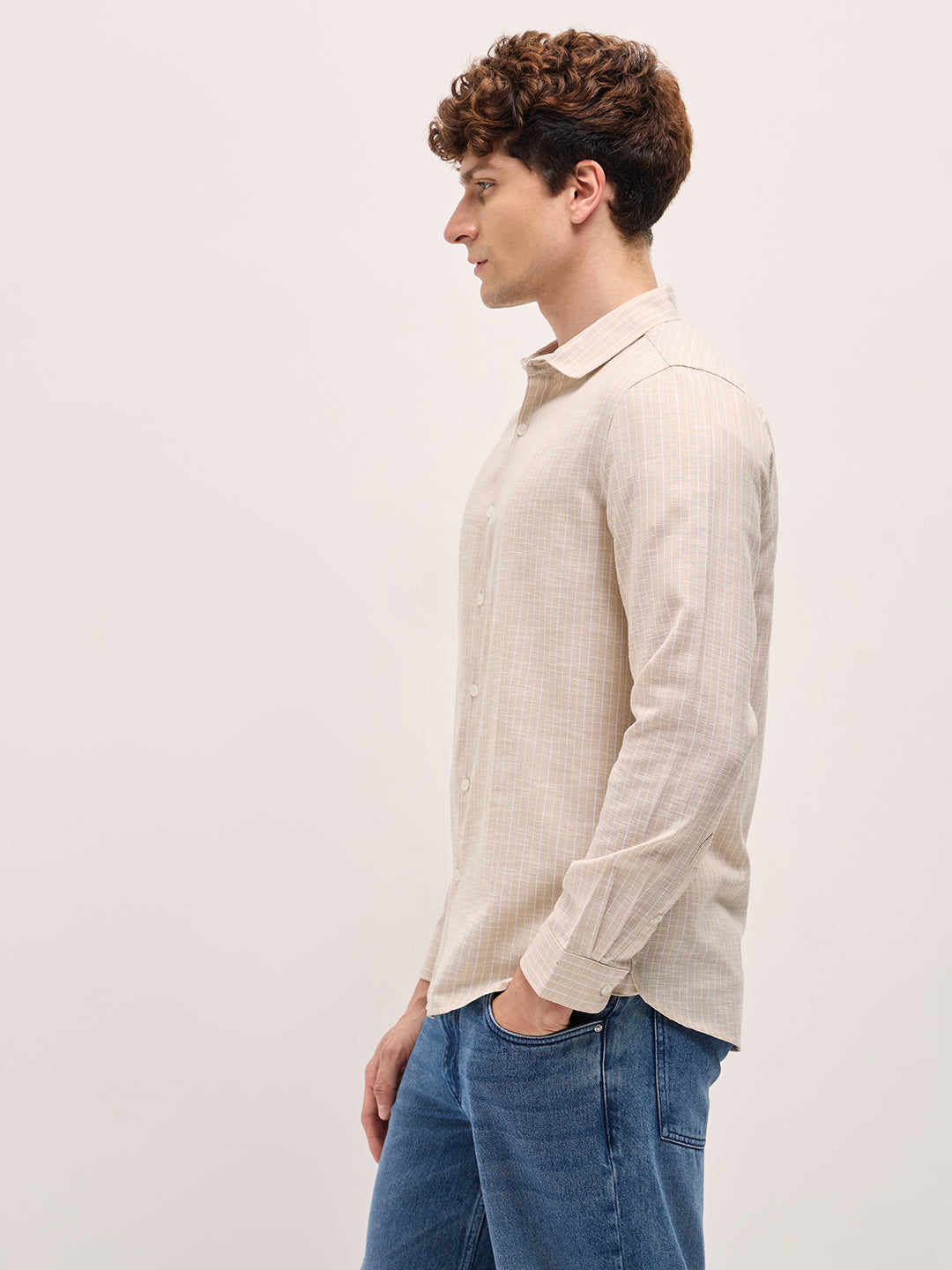 Men Beige Vertical Stripes Slim Fit Casual Shirt