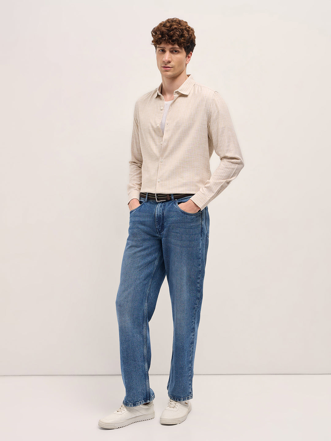 Men Beige Vertical Stripes Slim Fit Casual Shirt