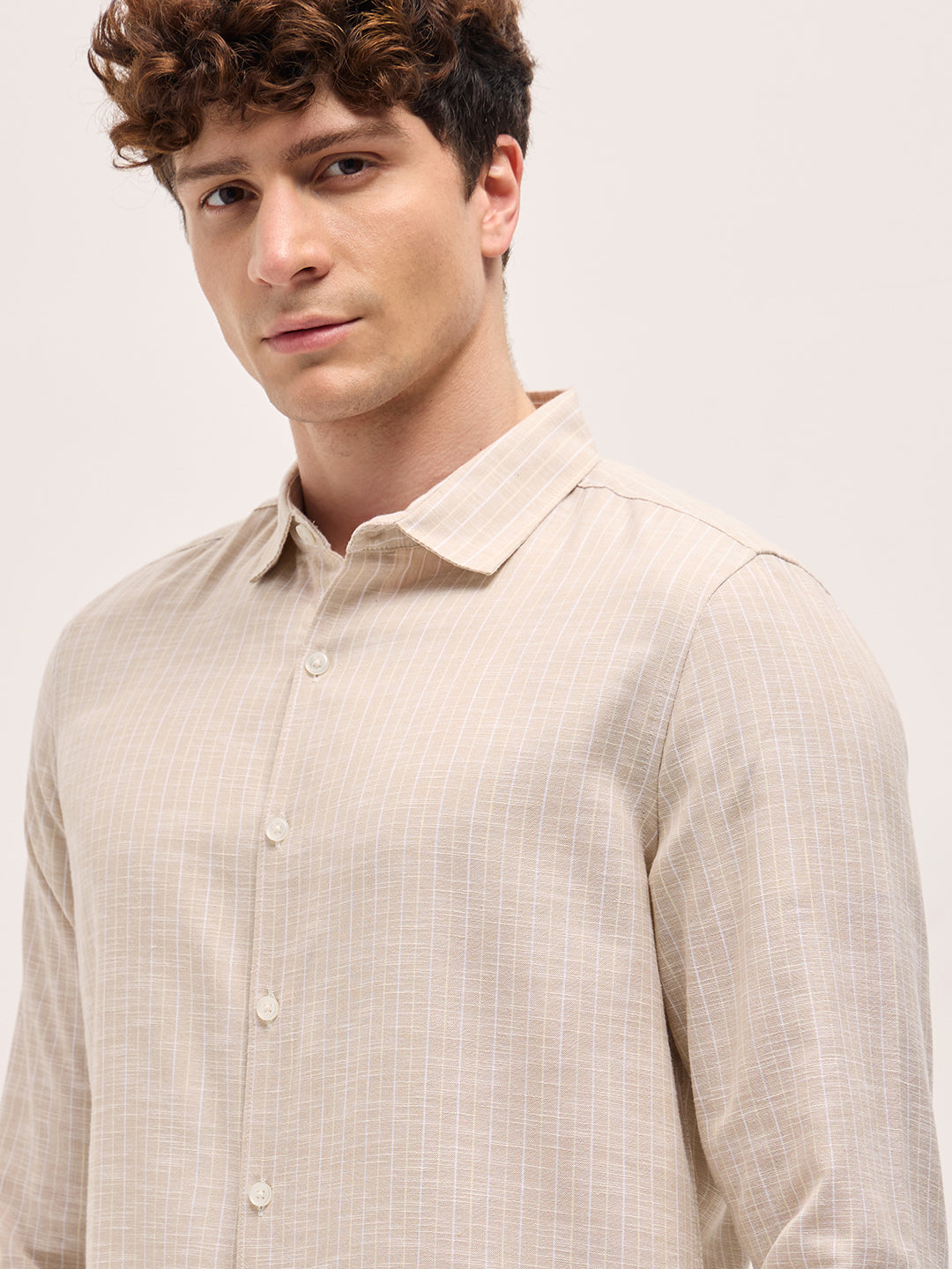 Men Beige Vertical Stripes Slim Fit Casual Shirt