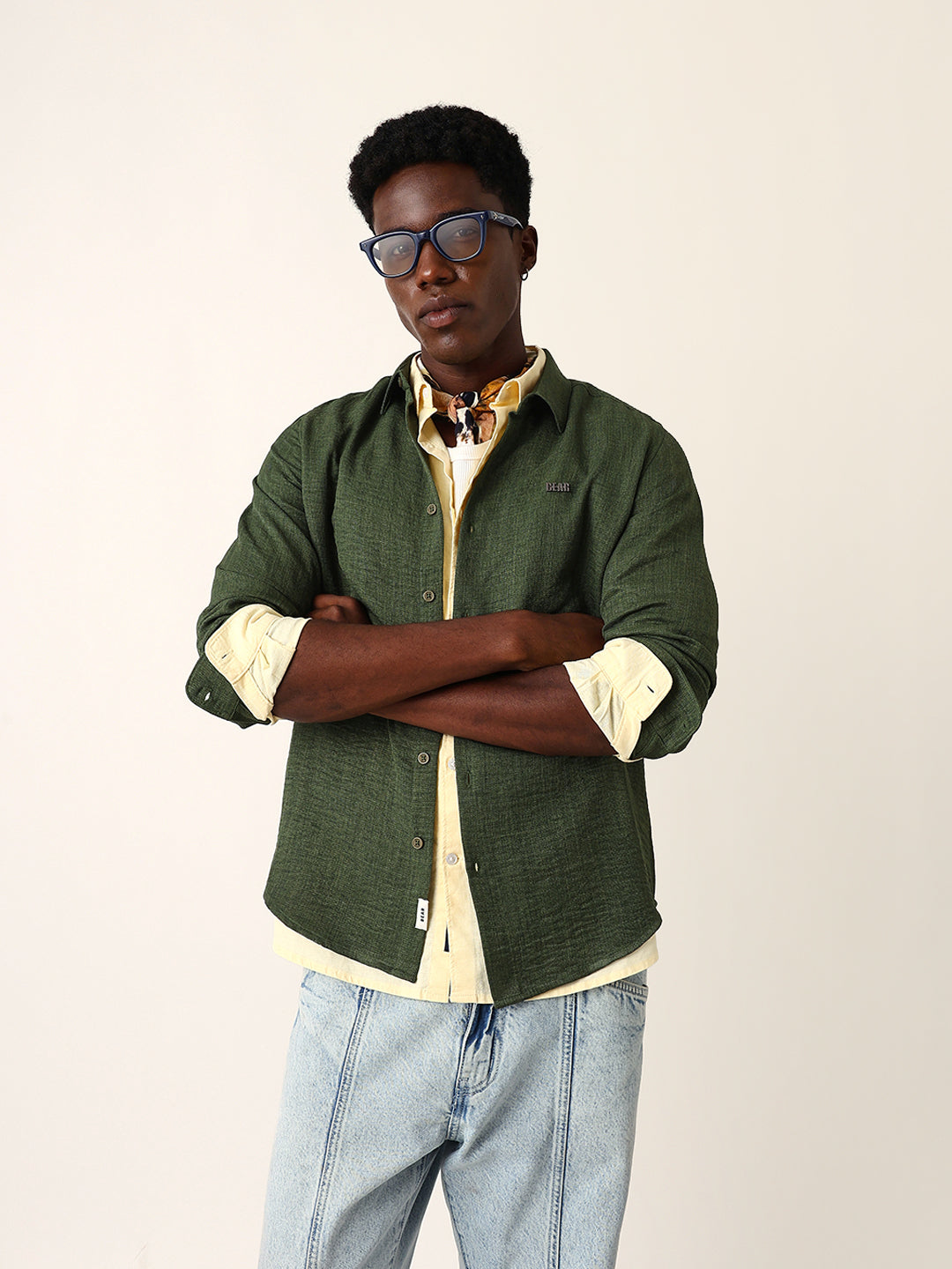 Men Green Cotton Solid Shirt