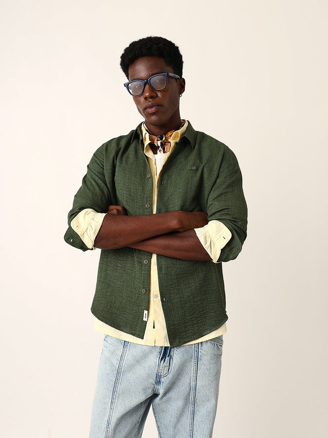 Men Green Cotton Solid Shirt