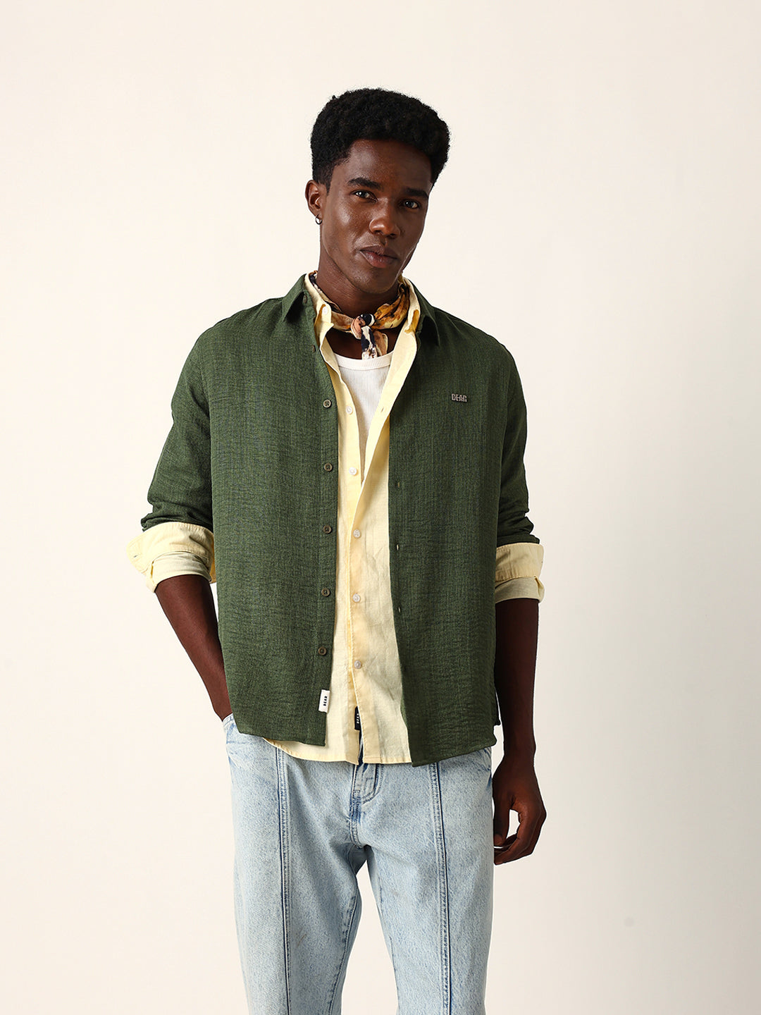 Men Green Cotton Solid Shirt