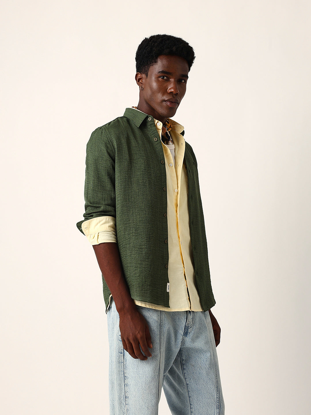 Men Green Cotton Solid Shirt