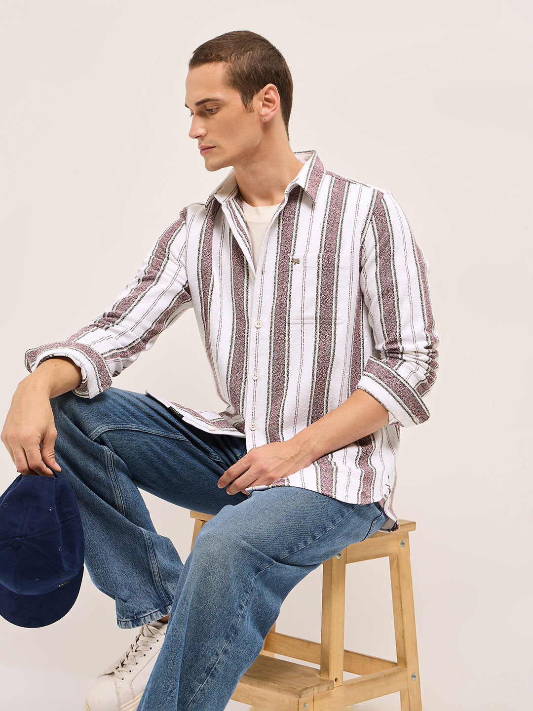 Men White Vertical Stripe Woven Flannel Slim Fit Casual Shirt