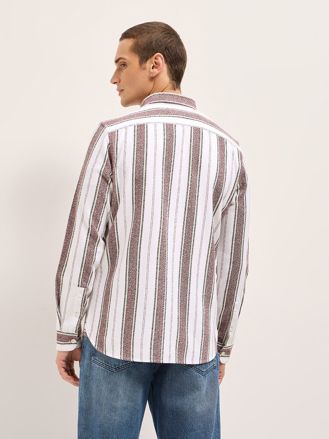 Men White Vertical Stripe Woven Flannel Slim Fit Casual Shirt