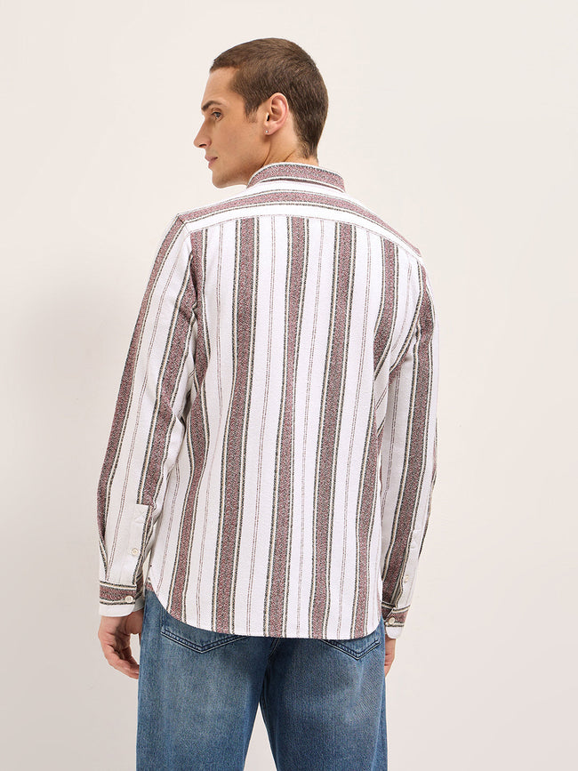 Men White Vertical Stripe Woven Flannel Slim Fit Casual Shirt