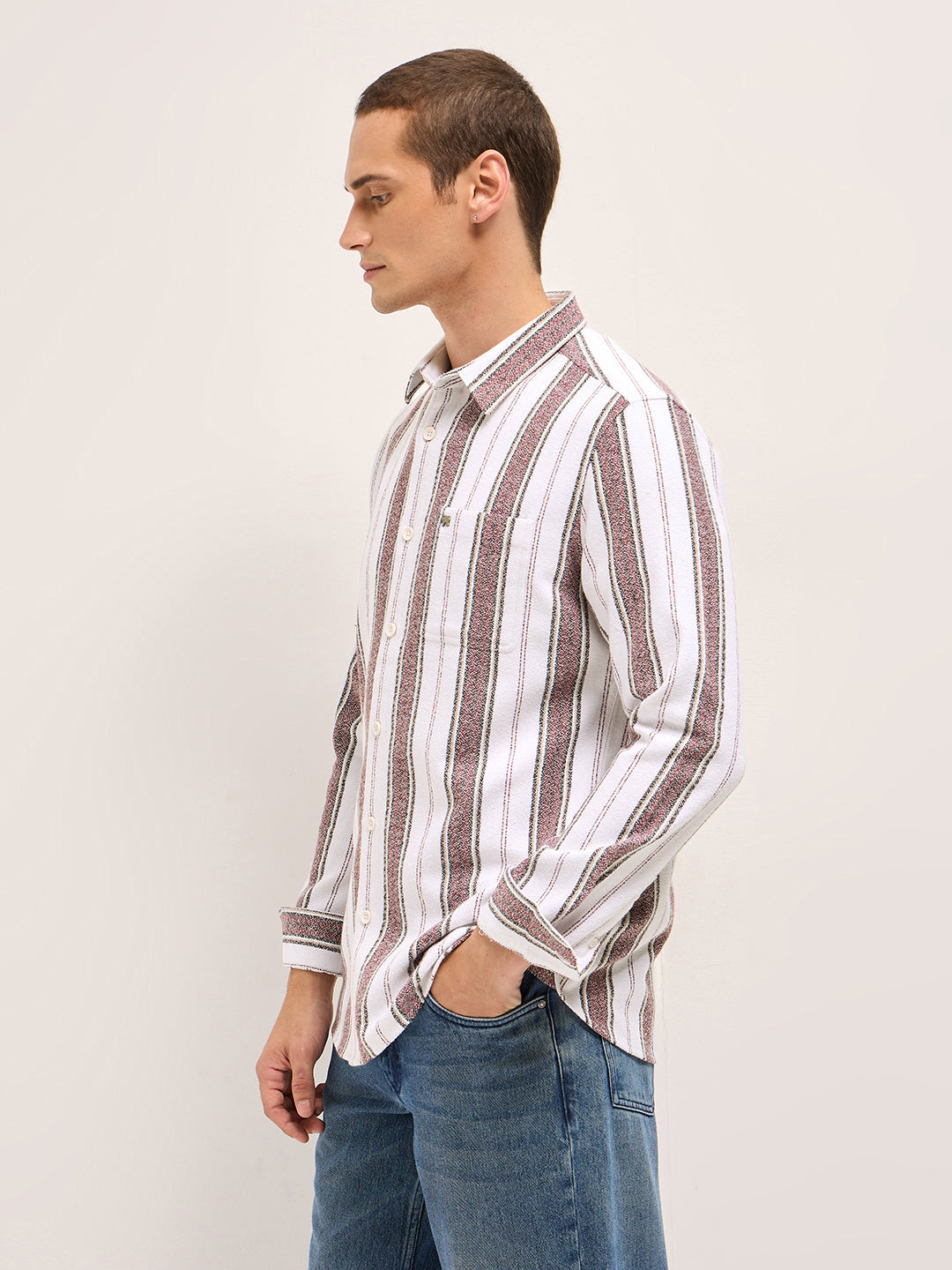 Men White Vertical Stripe Woven Flannel Slim Fit Casual Shirt