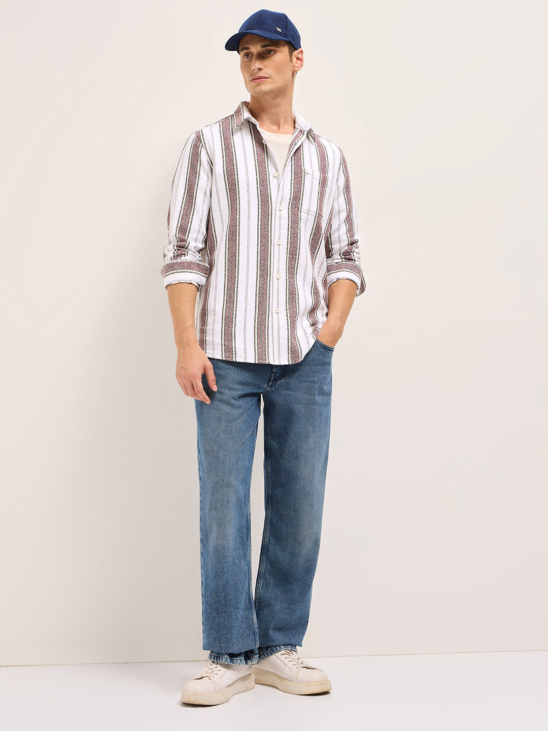 Men White Vertical Stripe Woven Flannel Slim Fit Casual Shirt