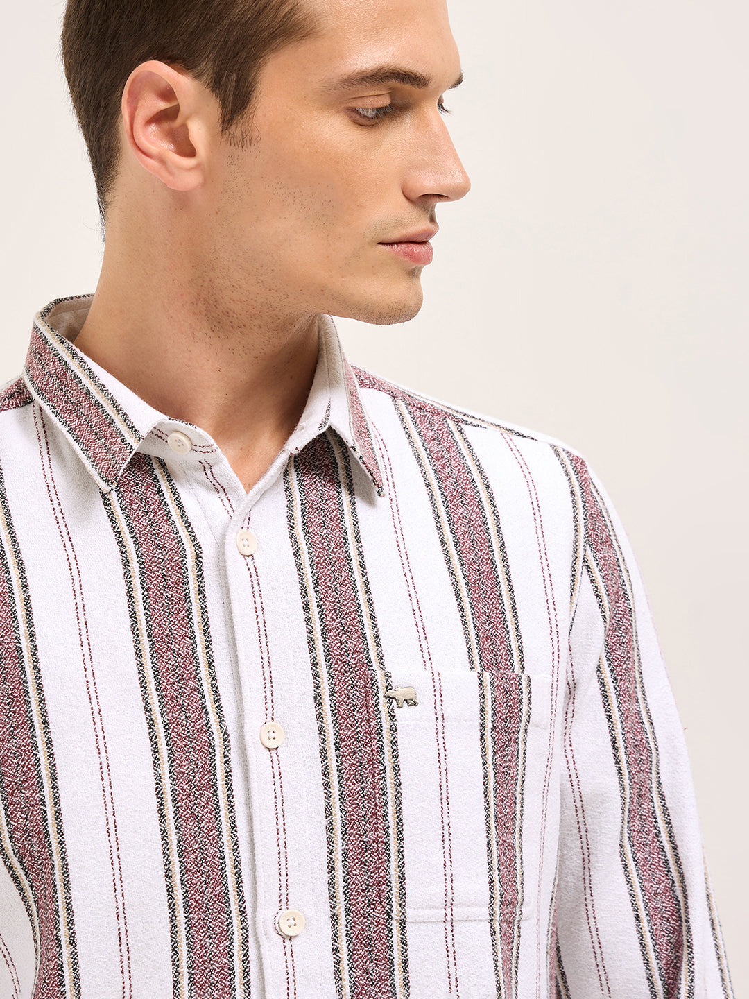 Men White Vertical Stripe Woven Flannel Slim Fit Casual Shirt