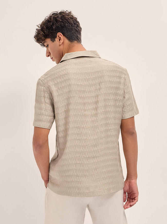 Men Beige Zigzag Textured Weave Relaxed Fit Half Sleeve Casual Shirt