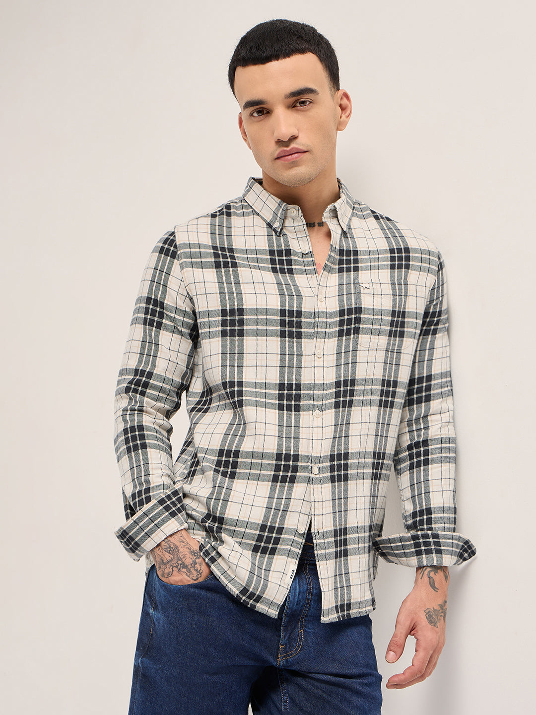Men Green Cotton Checked Shirt