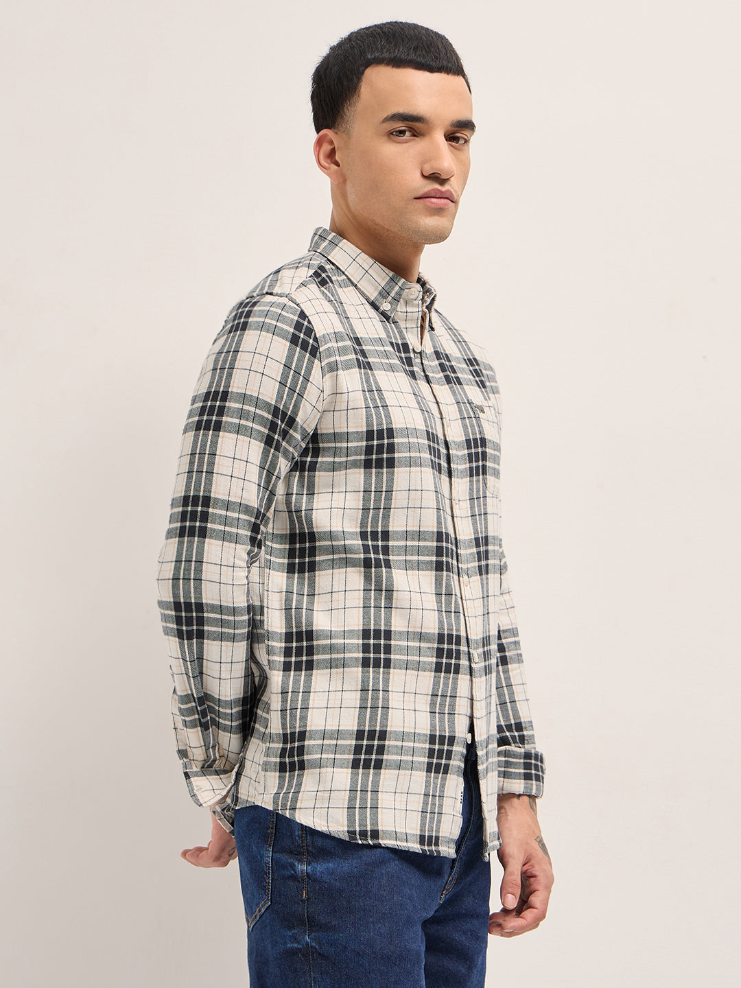 Men Green Cotton Checked Shirt