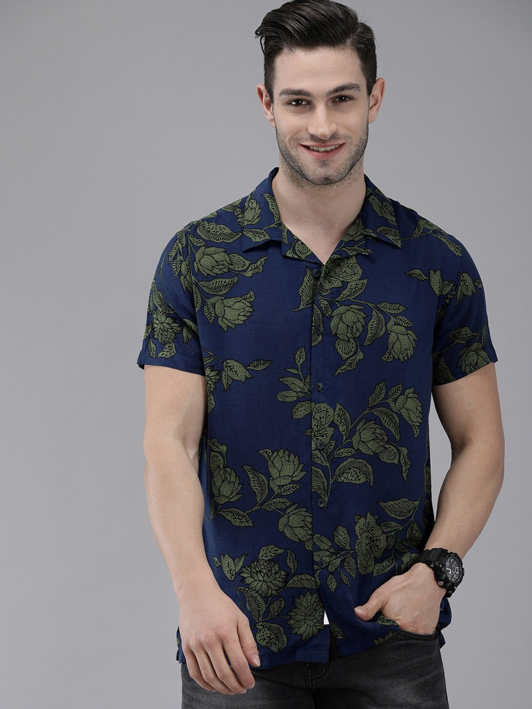 Men Blue Printed Hawaii Shirt