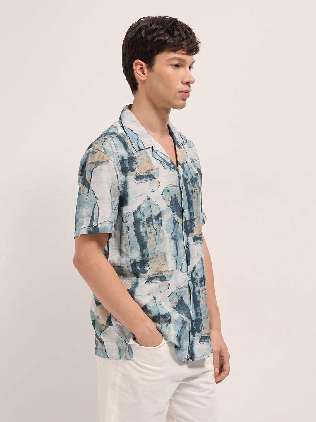 Men Multicolor Abstract Digital Print Relaxed Fit Cuban Collar Shirt