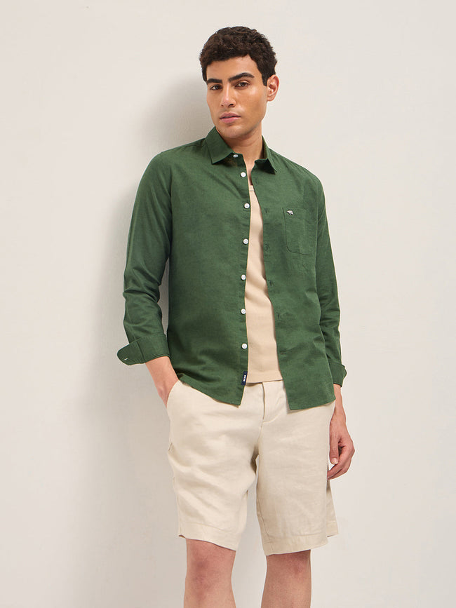 Men Green Cotton Linen Slim Fit Solid Casual Shirt