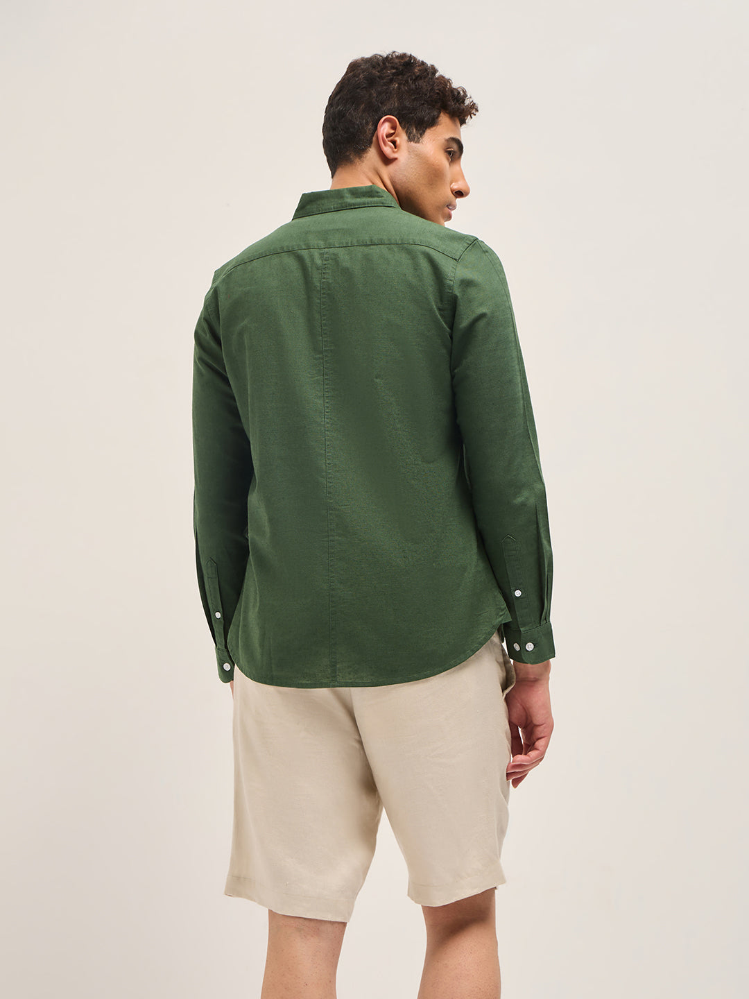 Men Green Cotton Linen Slim Fit Solid Casual Shirt