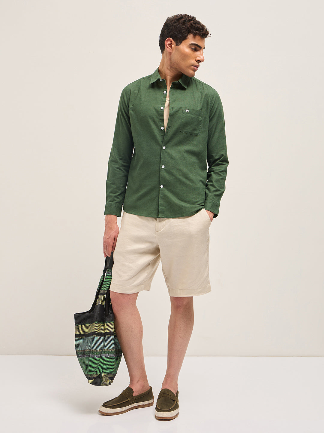 Men Green Cotton Linen Slim Fit Solid Casual Shirt