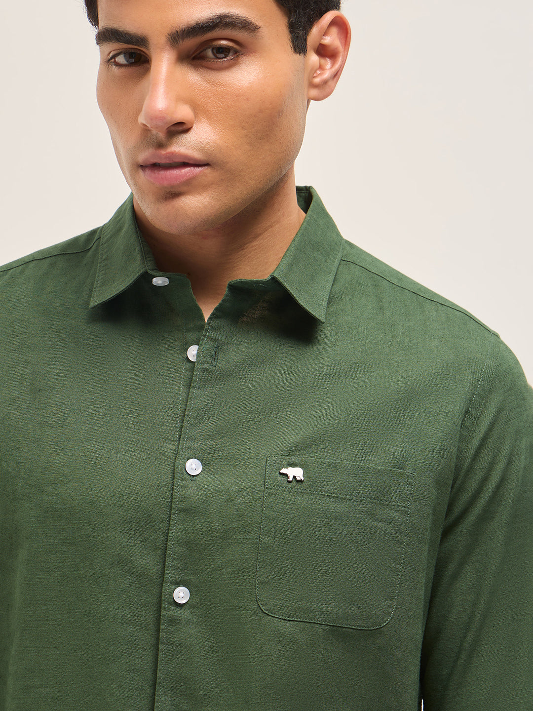 Men Green Cotton Linen Slim Fit Solid Casual Shirt