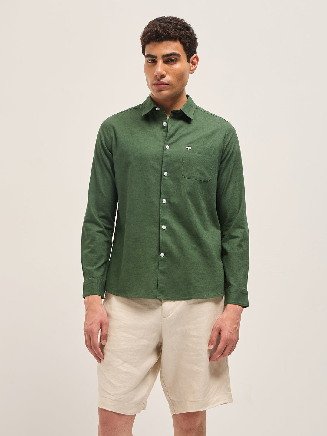 Men Green Cotton Linen Slim Fit Solid Casual Shirt