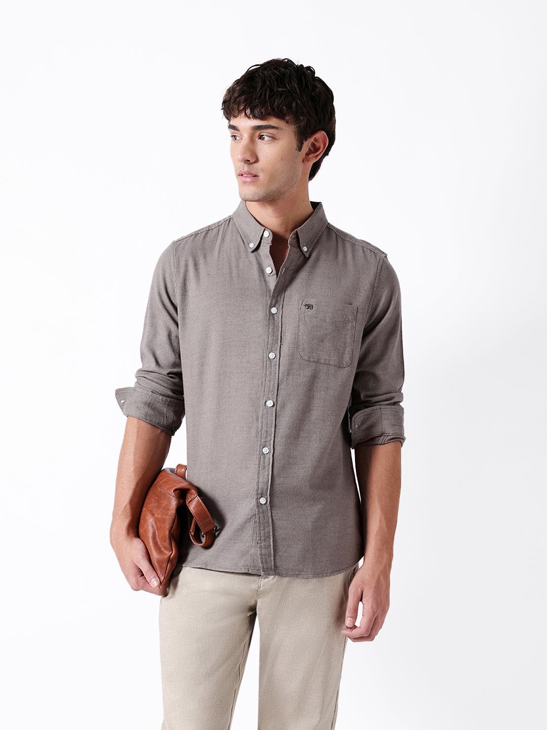 Men Grey Cotton Solid Shirt