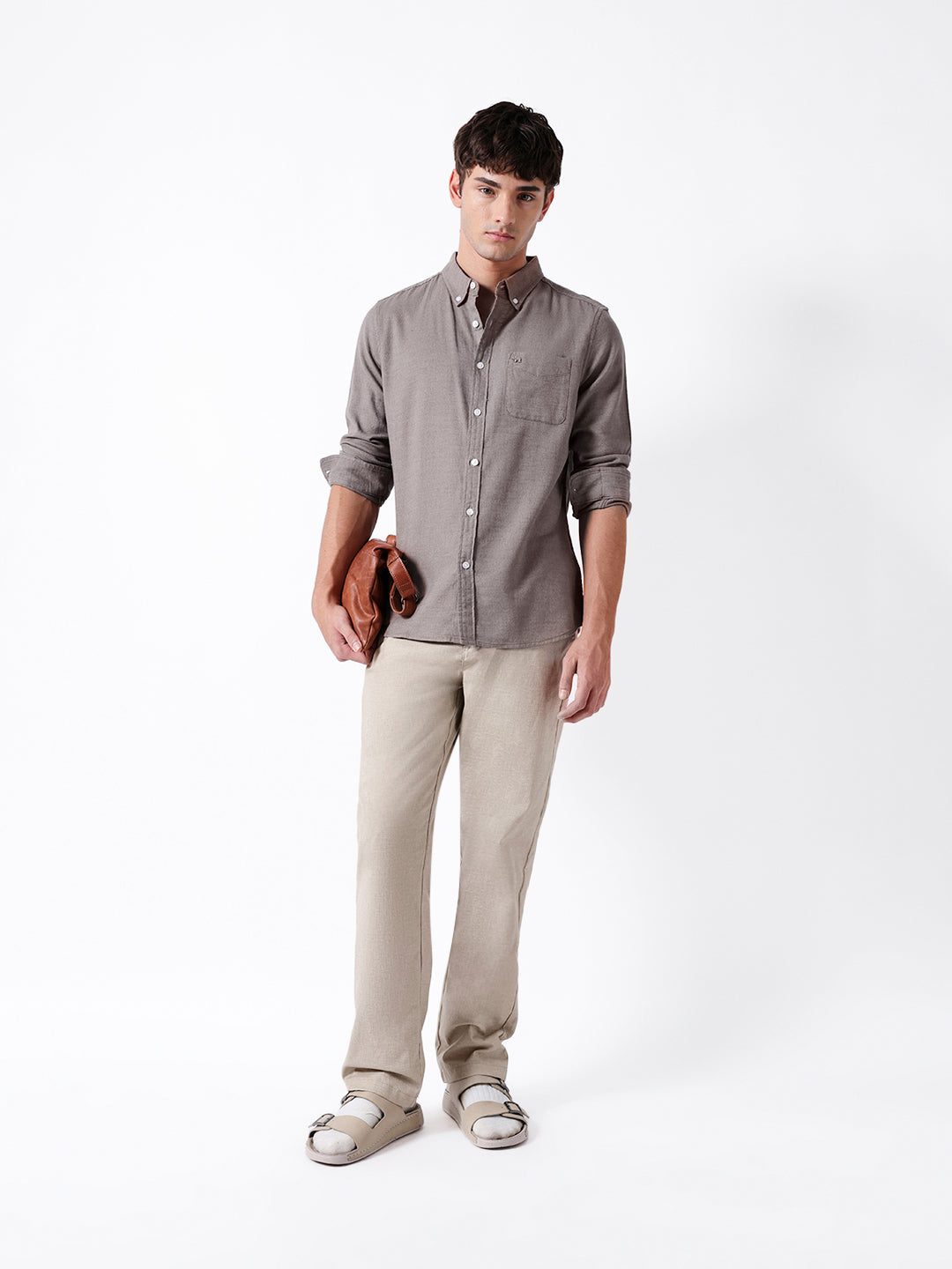 Men Grey Cotton Solid Shirt