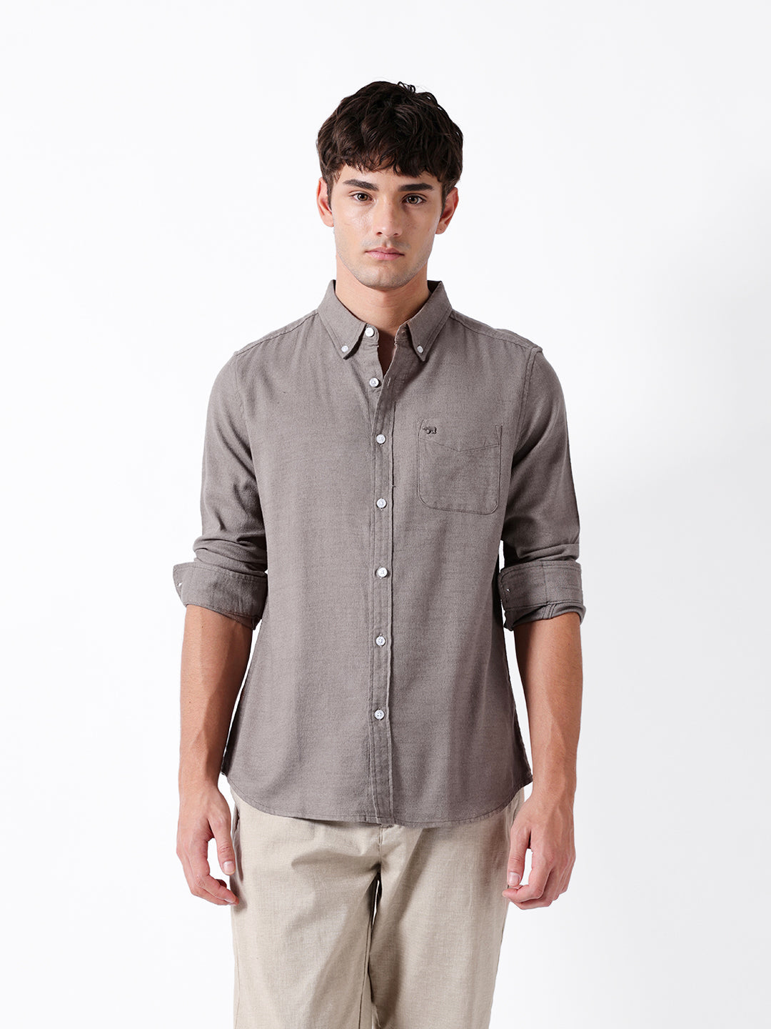 Men Grey Cotton Solid Shirt