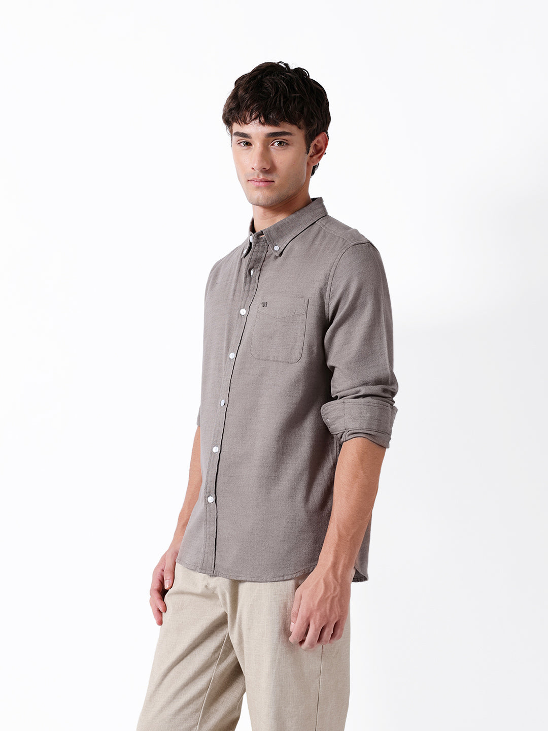 Men Grey Cotton Solid Shirt