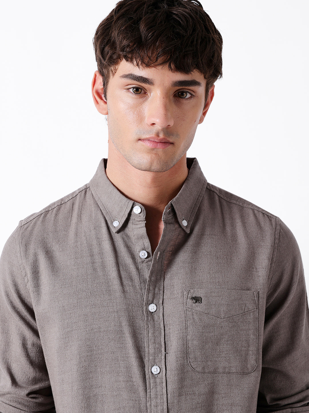 Men Grey Cotton Solid Shirt