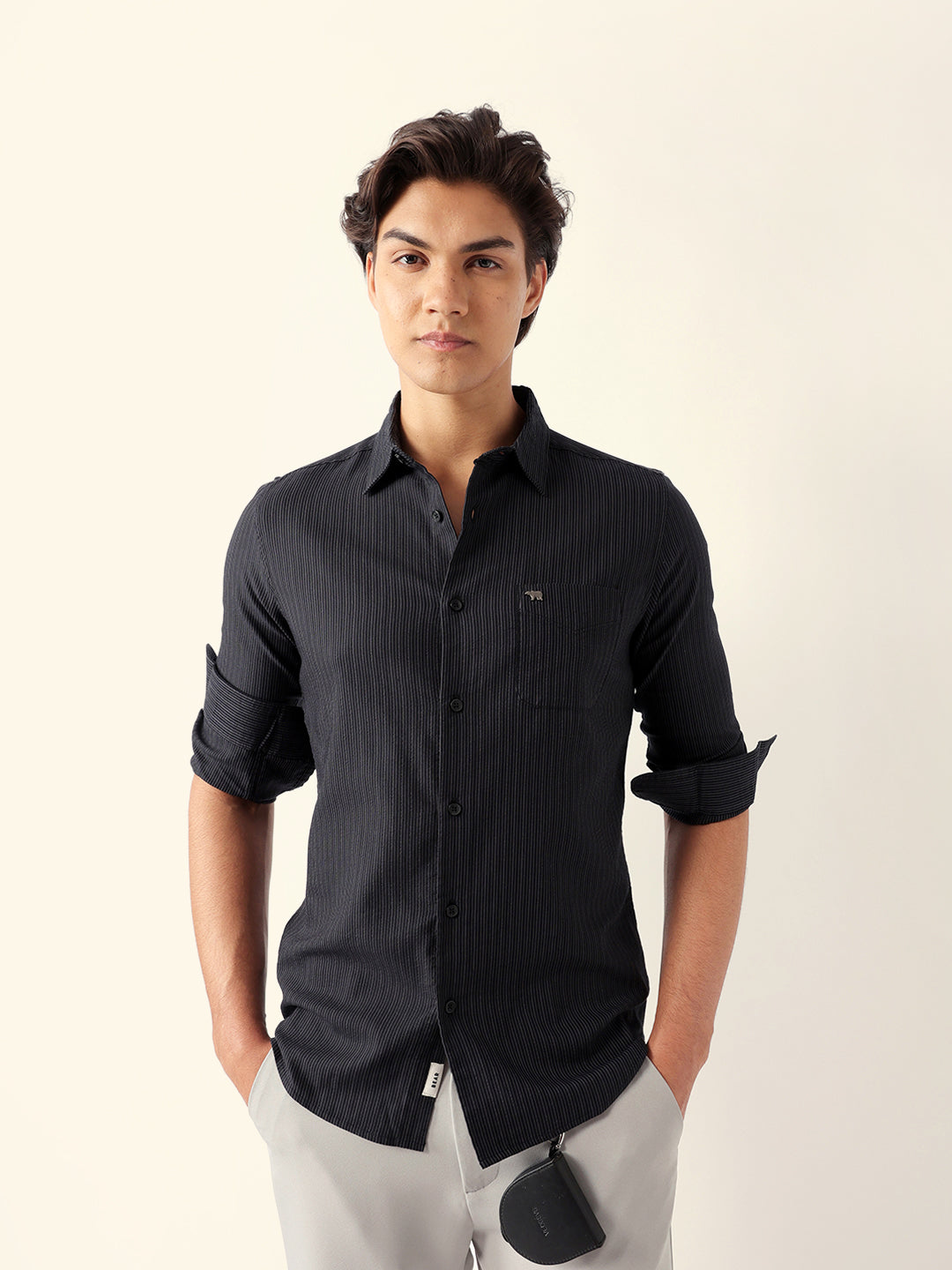 Men Black Cotton Striped Shirt