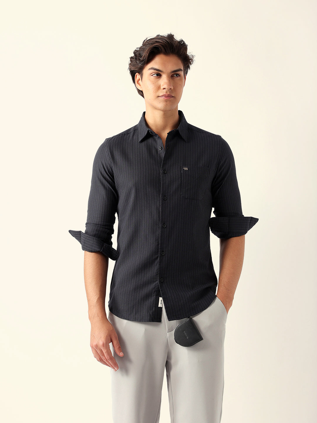 Men Black Cotton Striped Shirt