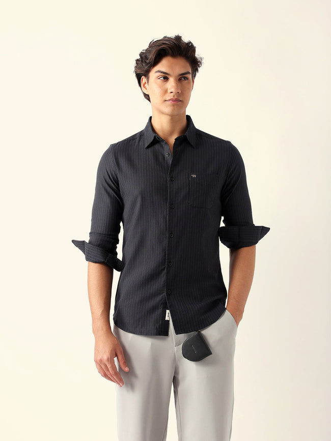 Men Black Cotton Striped Shirt