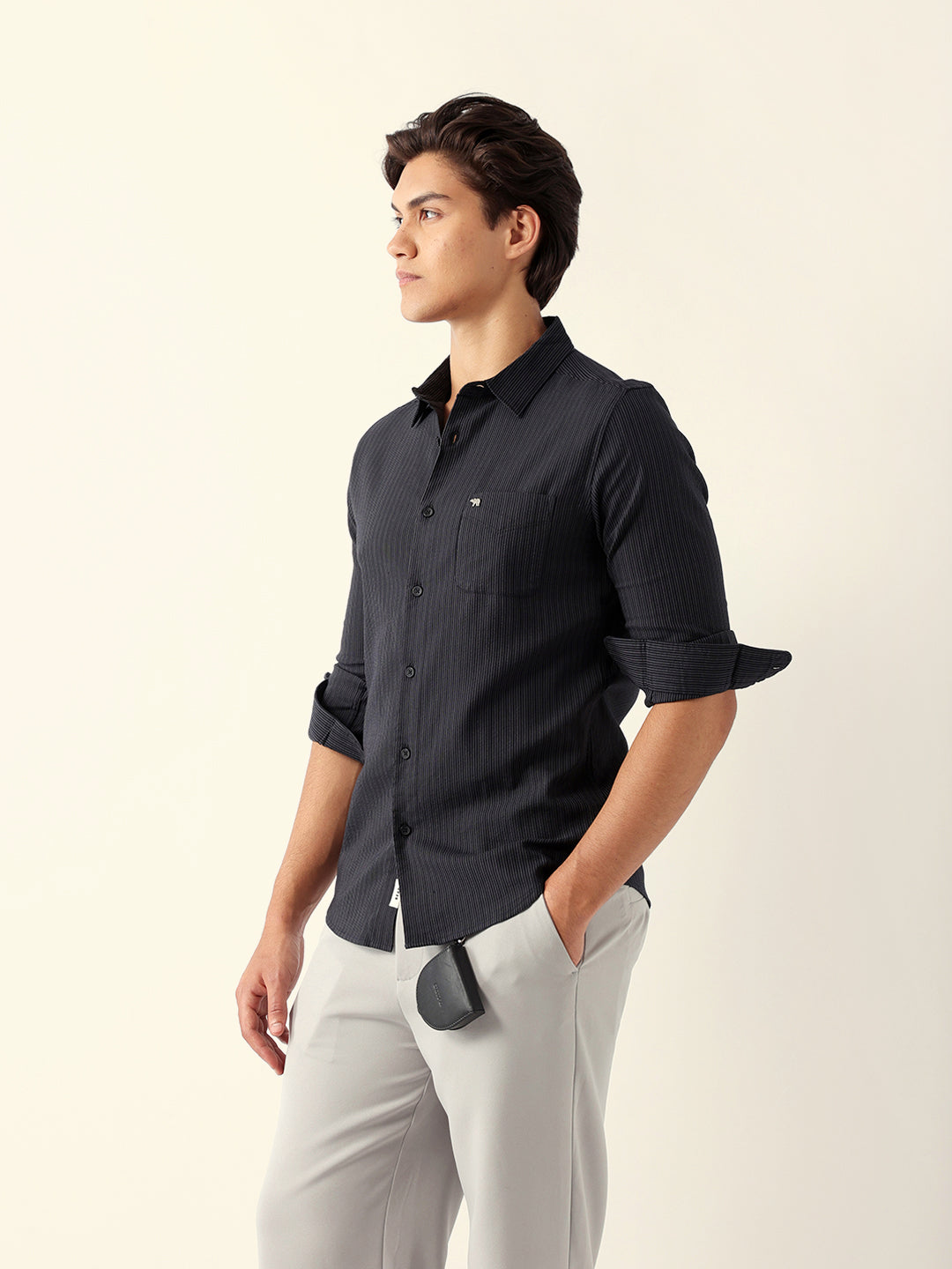 Men Black Cotton Striped Shirt