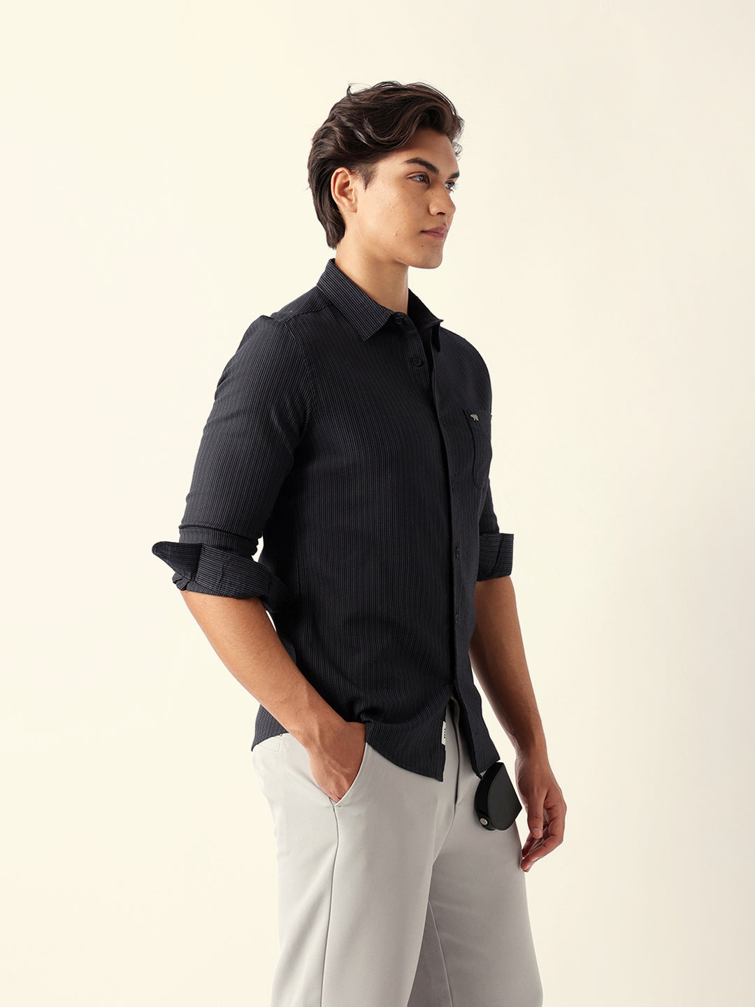 Men Black Cotton Striped Shirt