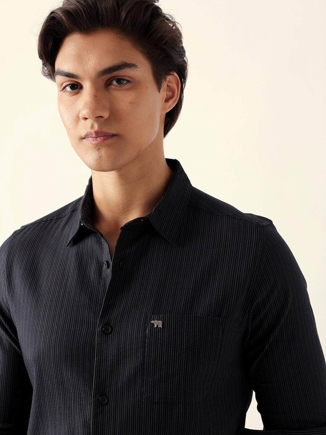 Men Black Cotton Striped Shirt