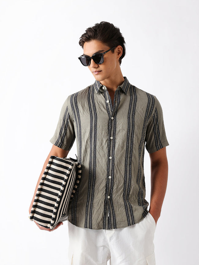 Men Green Viscose Rayon Striped Shirt