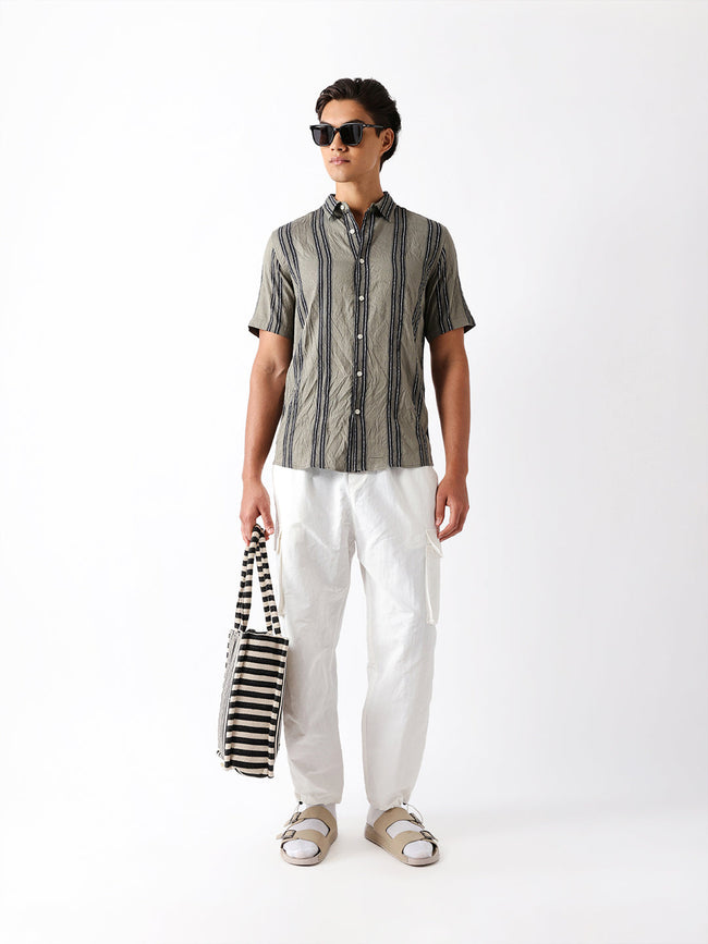 Men Green Viscose Rayon Striped Shirt