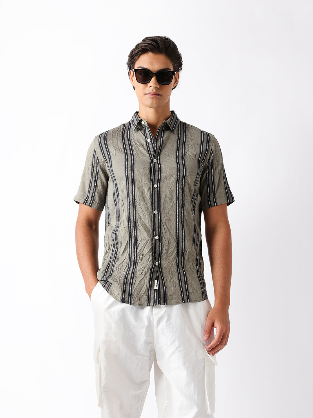 Men Green Viscose Rayon Striped Shirt