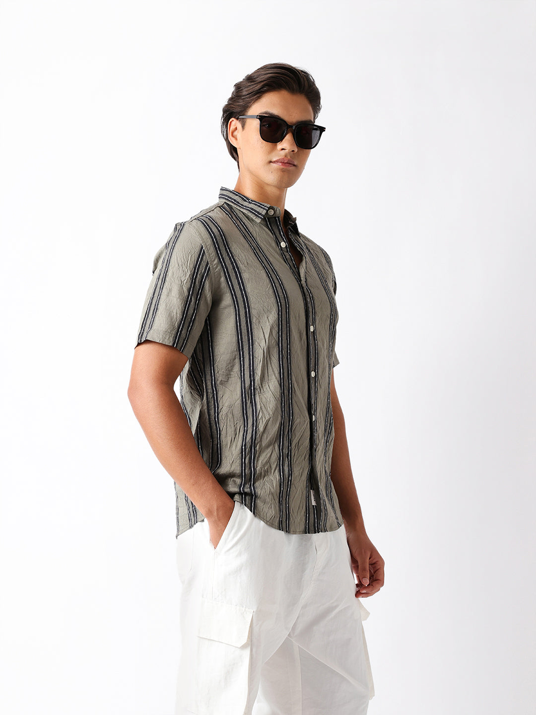 Men Green Viscose Rayon Striped Shirt
