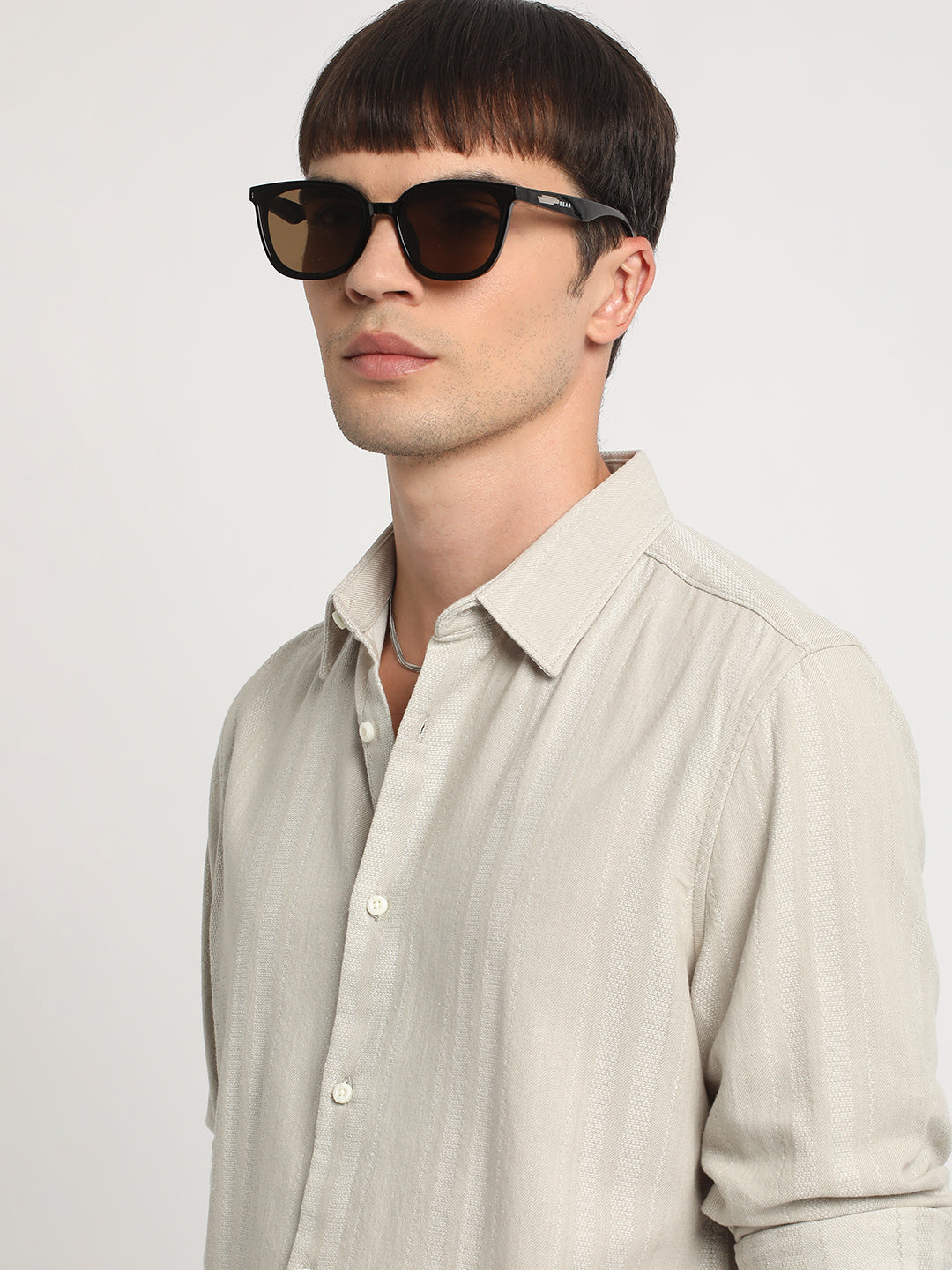 Men Beige Self Design Slim Fit Cotton Casual Shirt