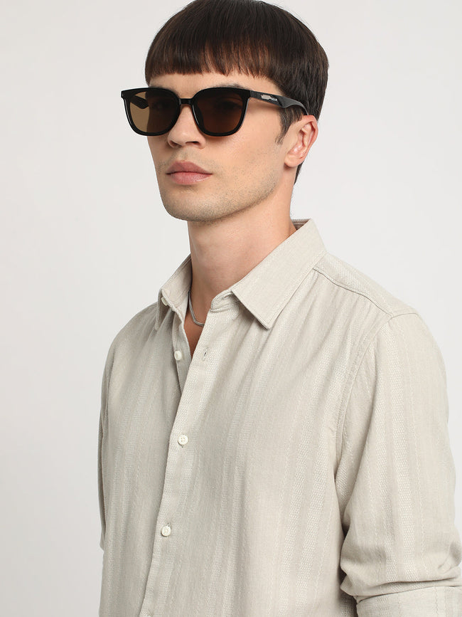 Men Beige Self Design Slim Fit Cotton Casual Shirt