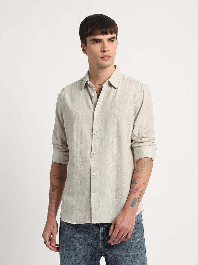 Men Beige Self Design Slim Fit Cotton Casual Shirt