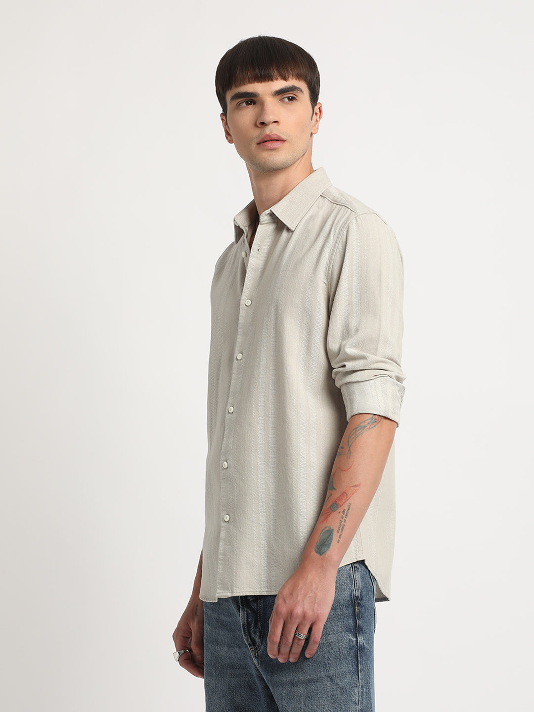 Men Beige Self Design Slim Fit Cotton Casual Shirt