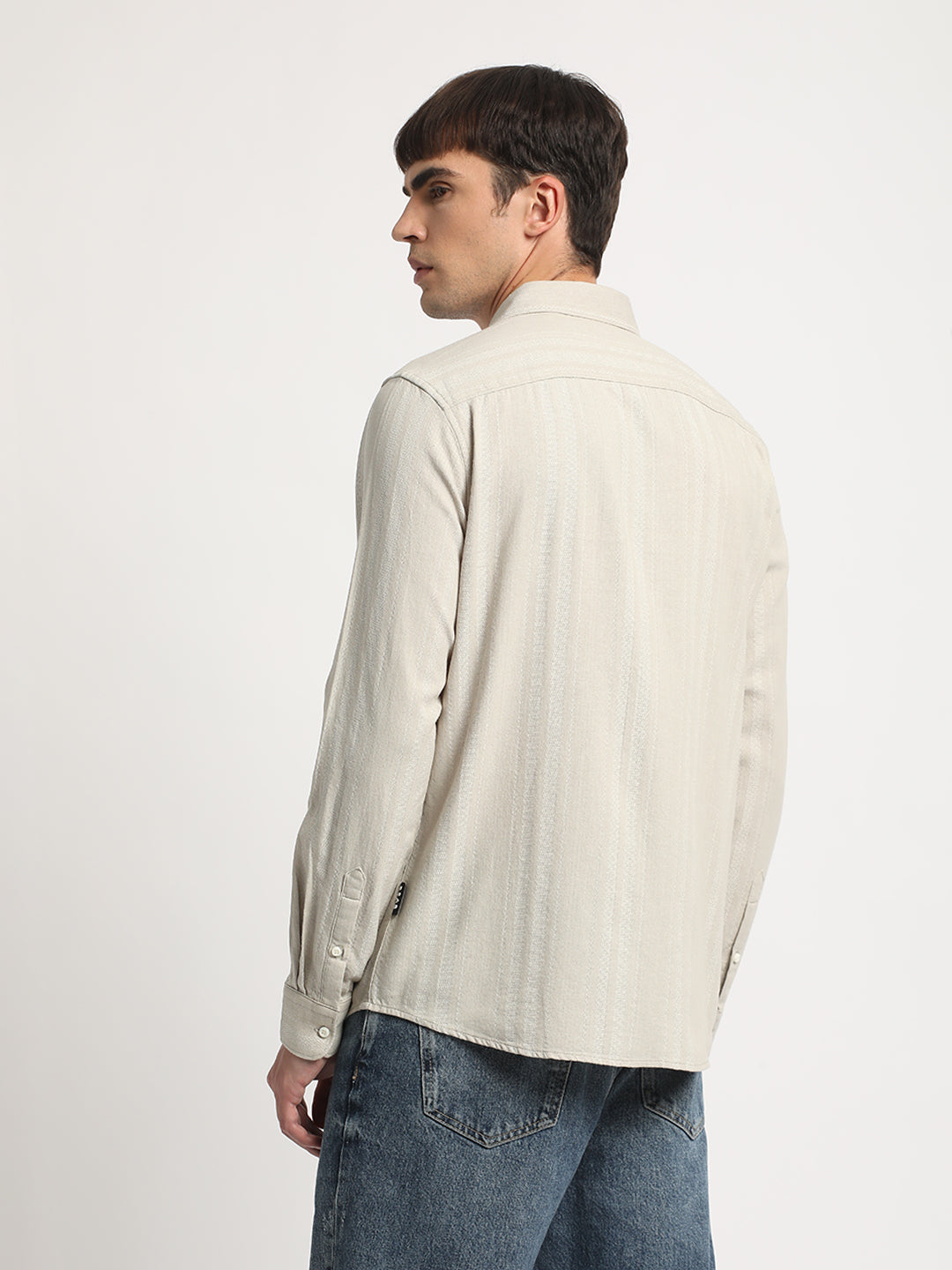 Men Beige Self Design Slim Fit Cotton Casual Shirt