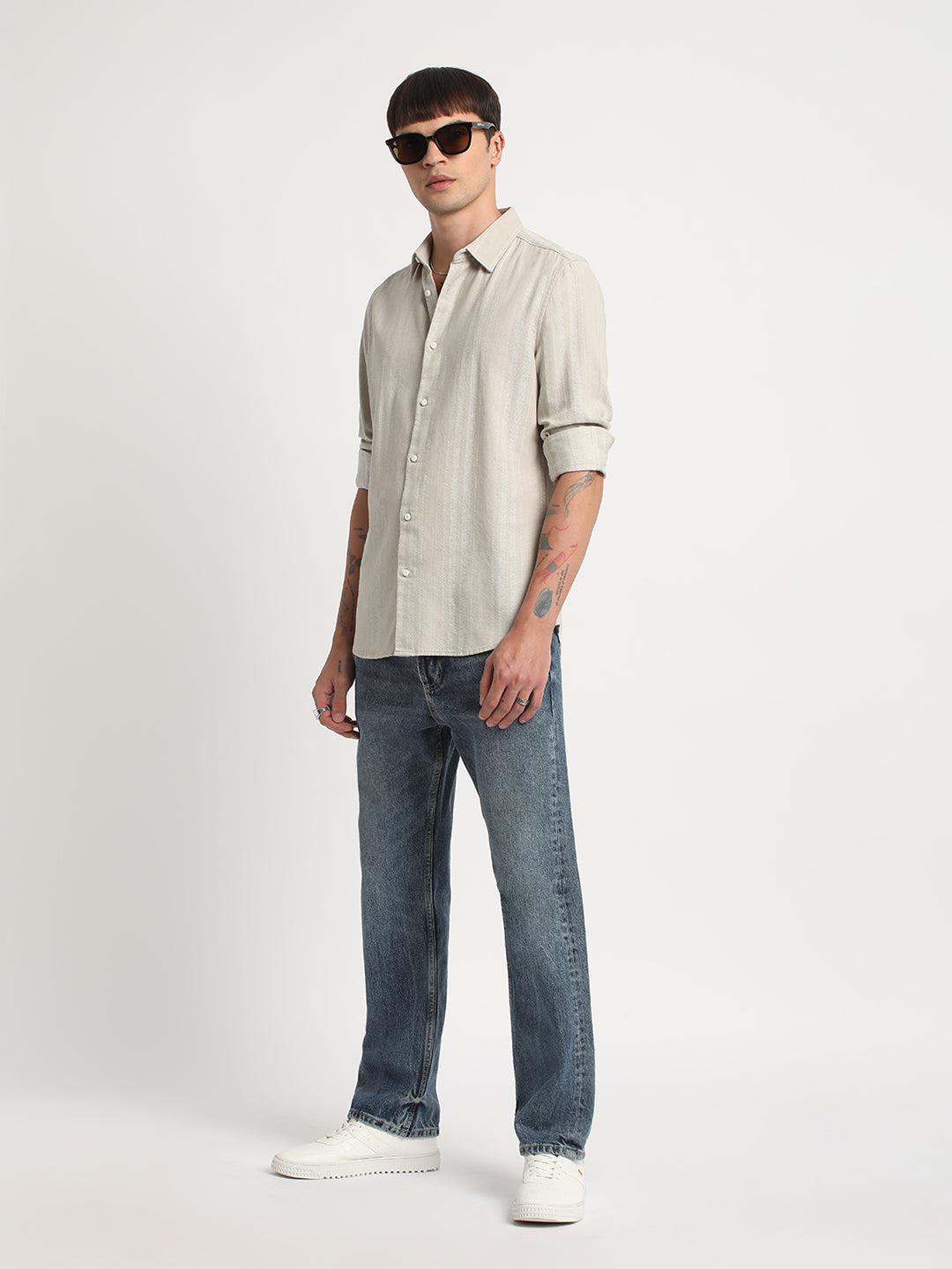Men Beige Self Design Slim Fit Cotton Casual Shirt