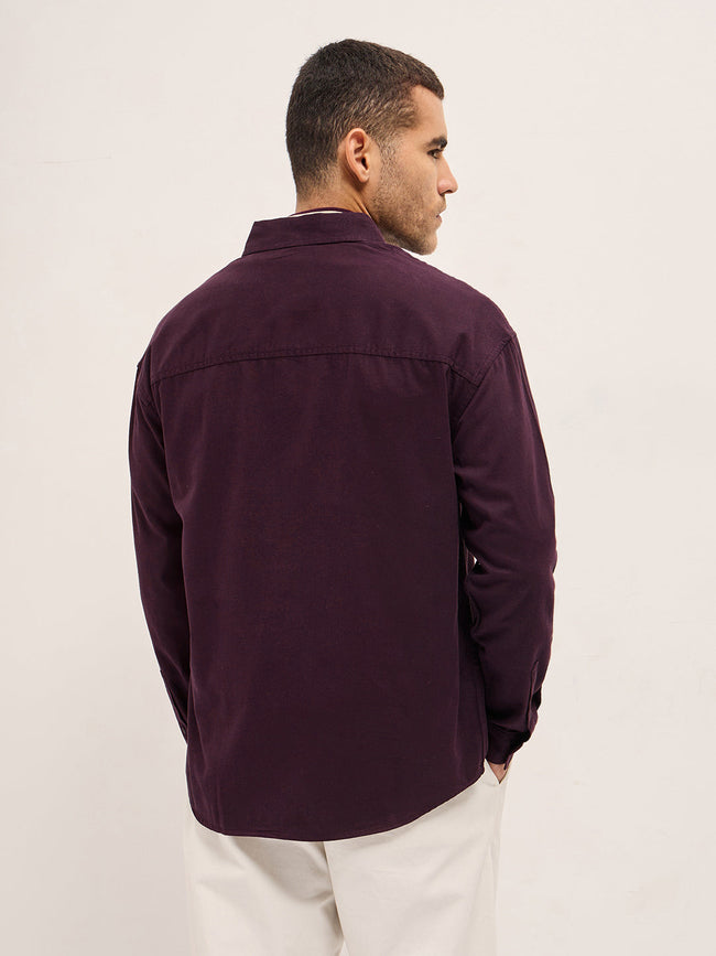 Men Shirt Maroon Solid Relax Fit Overshirt