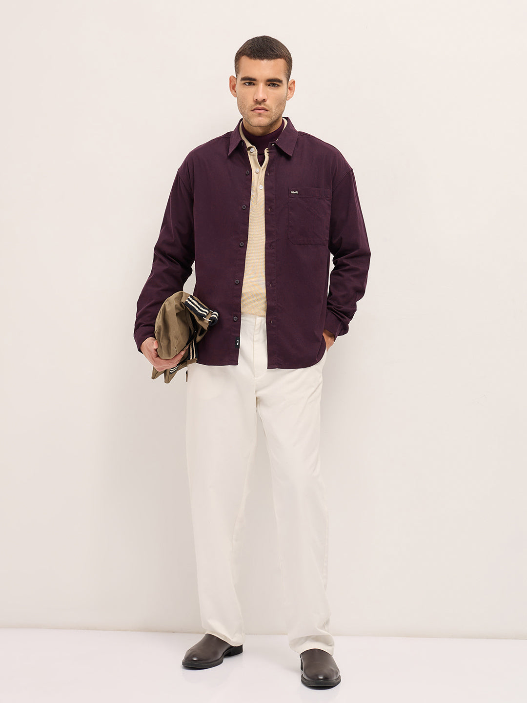 Men Shirt Maroon Solid Relax Fit Overshirt